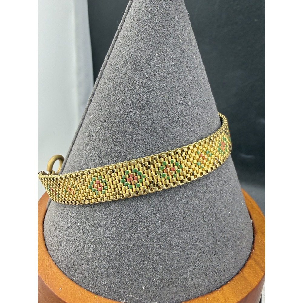 Vintage Woven Bracelet Gold Green Red Enamel Peyote Beaded Gold Tone 7"‎